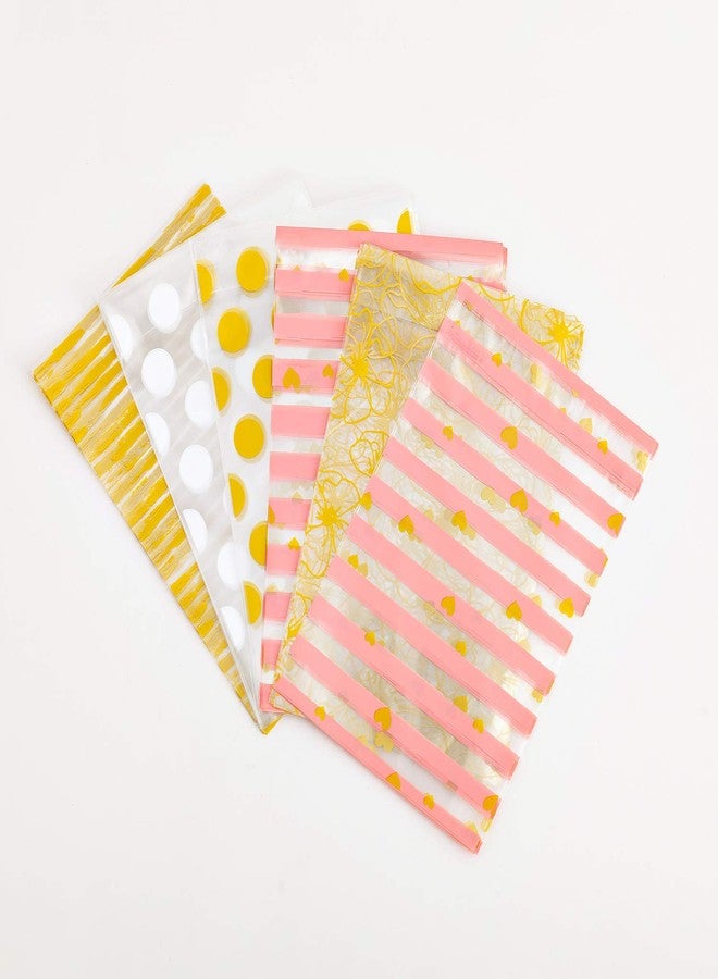 JHere 100 Pack Polka Dot Candy Bags with 100Pcs Gold Metallic Twist Ties, Clear Plastic Treat Bags for Cookie Candy Snack Gift Wrapping Party Favor - 5.1'' by 8.2'' by 1.5'' (Gold flower) - Image 4